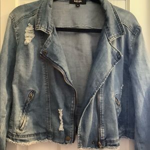 Cropped motorcycle style jean jacket
